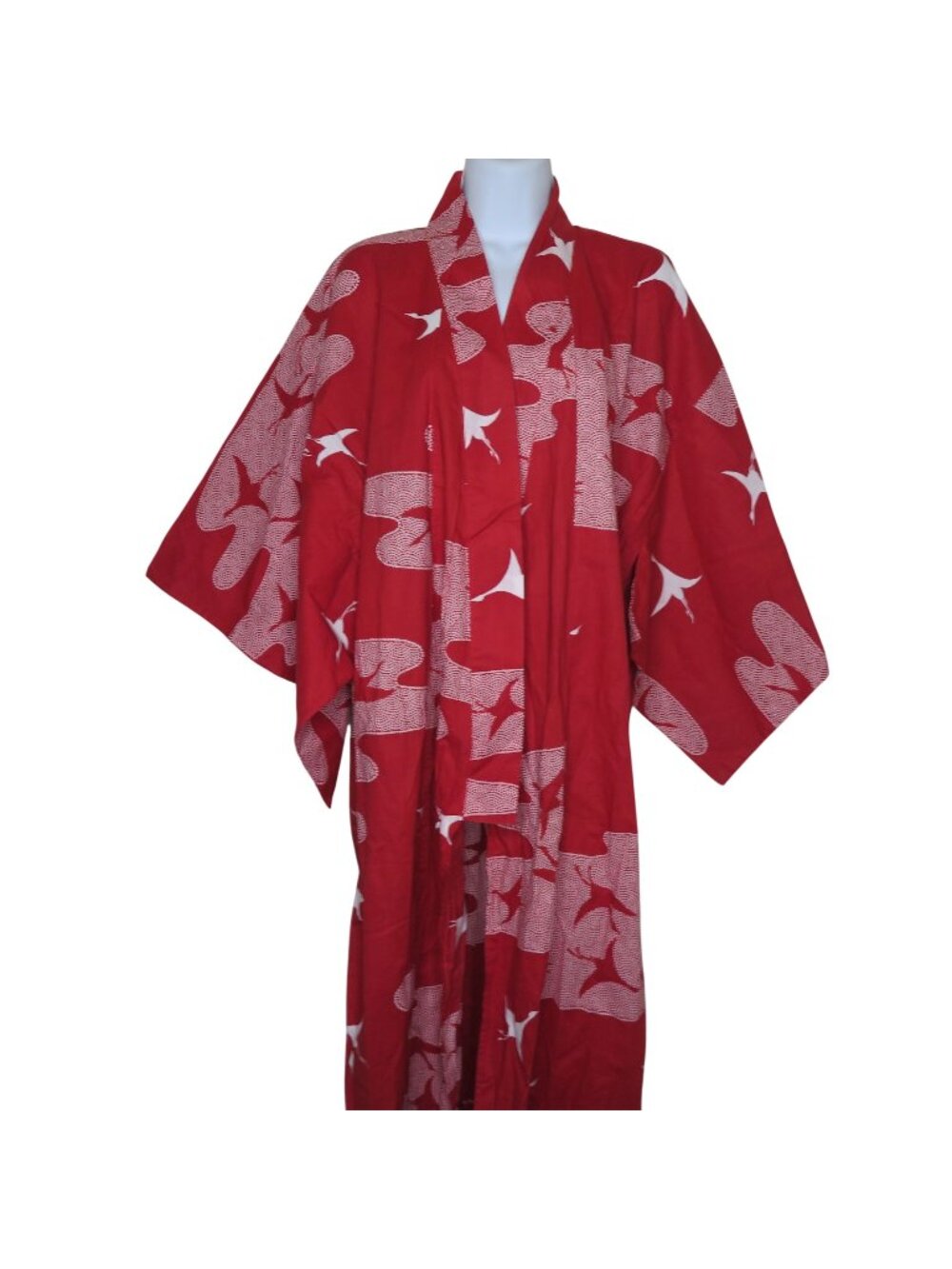 Vintage Red Japanese Kimono Robe White Crane Print Cotton OS Made in Japan